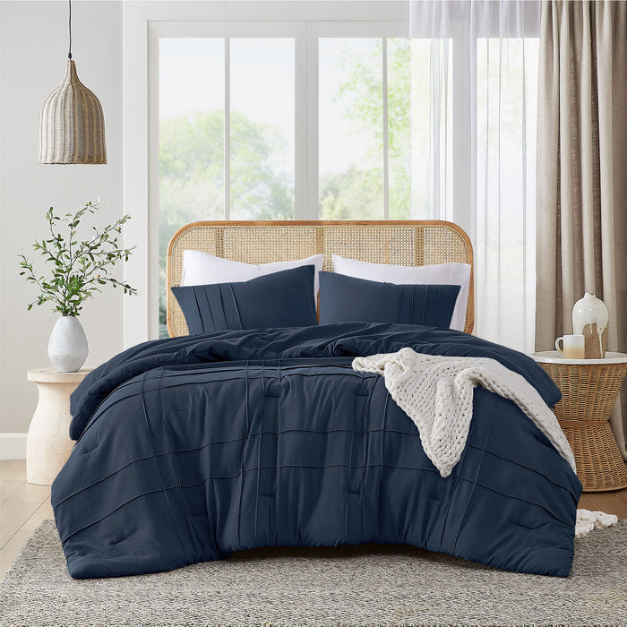 Porter - Twin/Twin Long Soft Washed Pleated Comforter Set - Navy - Simple Home Plus