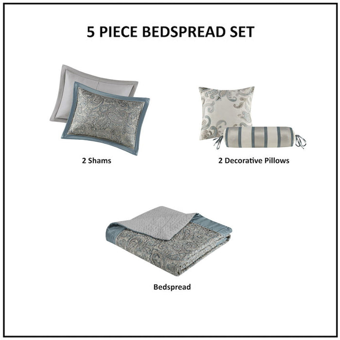 Aubrey - 5 Piece Jacquard Bedspread Set With Throw Pillows - Teal - Simple Home Plus
