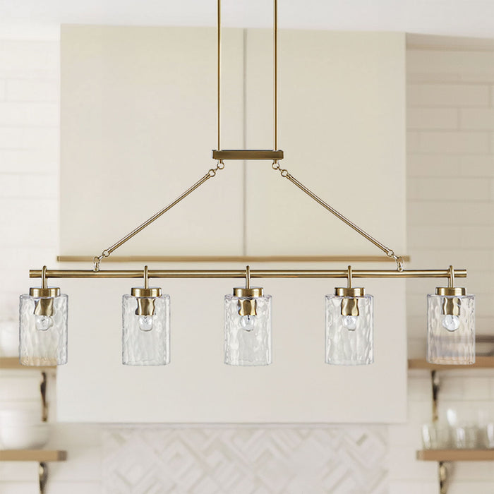 Curiana - 5-Light Linear Chandelier With Textured Glass Shades - Antique Brass - Simple Home Plus