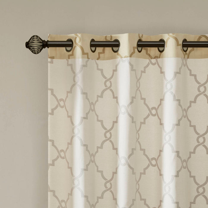 Saratoga - Fretwork Print Grommet Top Window Curtain - Beige / Gold - Simple Home Plus