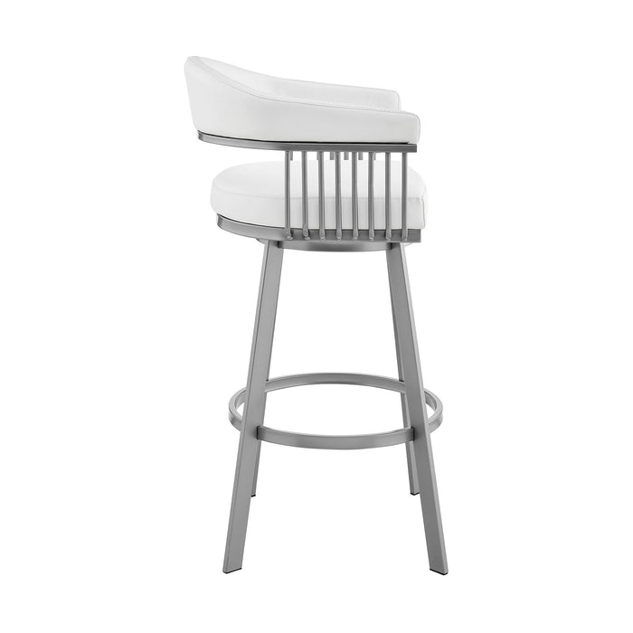 Chelsea - 25" Counter Height Swivel Bar Stool - Silver Finish And White Faux Leather - Simple Home Plus