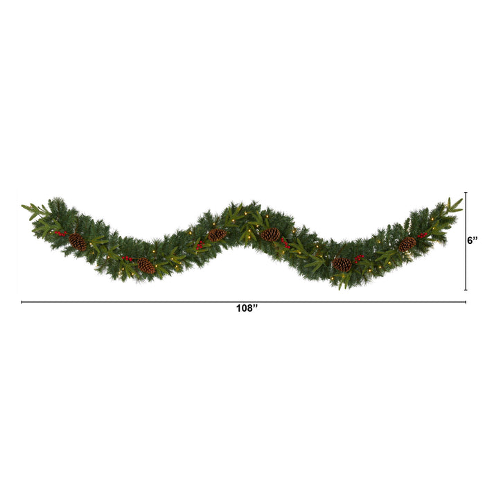 9 Mixed Pine Xmas Garland w/50 LEDs, Berries and Pinecones