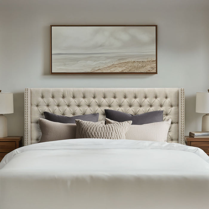 Amelia - King Upholstered Wingback Headboard With Button Tufting & Nailhead Trim Woven - Beige - Simple Home Plus