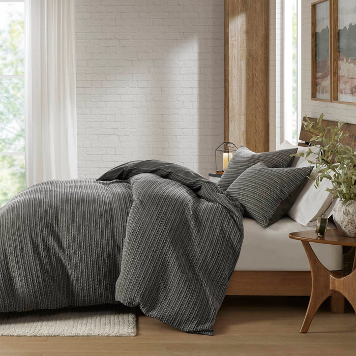 Lyon - 3 Piece King/California King Waffle Washed Duvet Set - Charcoal - Simple Home Plus