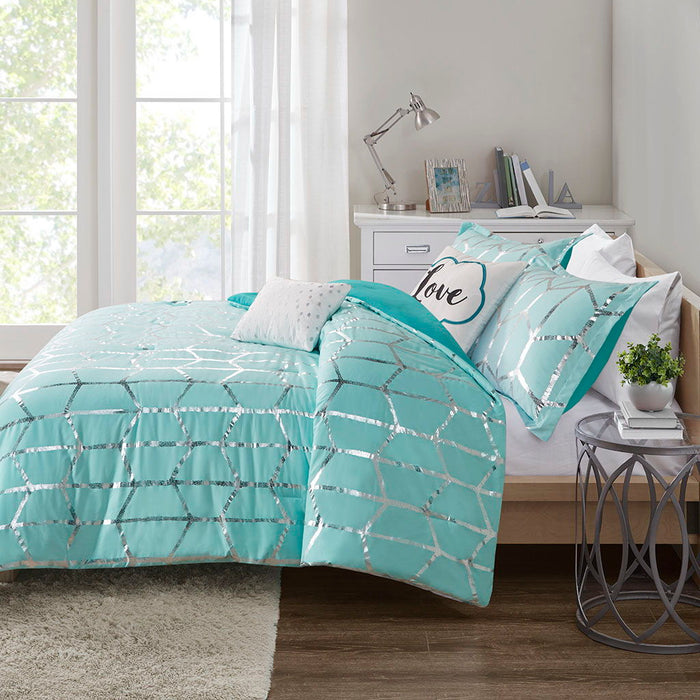 Raina - Metallic Printed Comforter Set - Aqua / Silver - Simple Home Plus