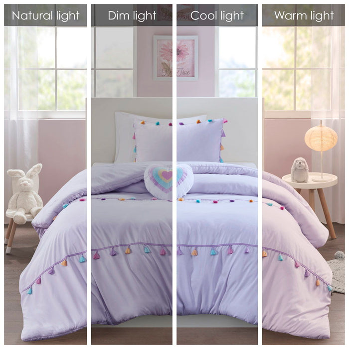 Tessa - 4 Piece Full/Queen Tassel Comforter Set With Heart Shaped Throw Pillow - Lavender - Simple Home Plus