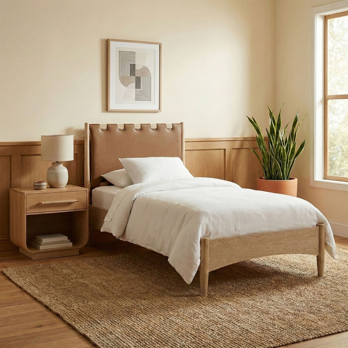 Santos - Vegan Leather Headboard And Wood Bed - Waxed Natural Frame - Simple Home Plus