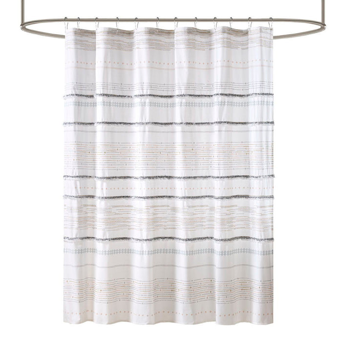 Nea - Printed Shower Curtain With Trims - Off White / Gray - Simple Home Plus