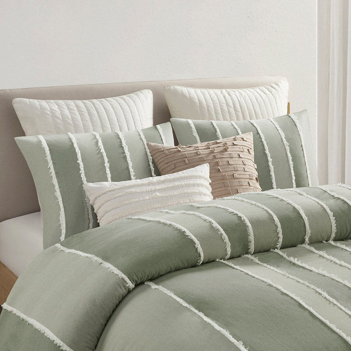 Shay - 3 Piece Striped Cotton Duvet Cover Set - Green - Simple Home Plus