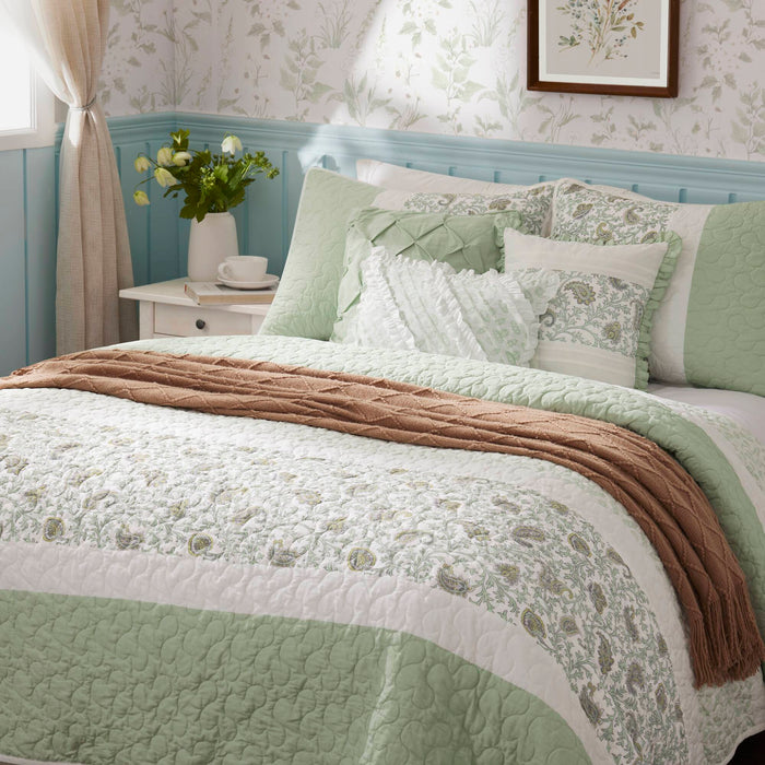 Dawn - 6 Piece Full/Queen Percale Quilt Set With Throw Pillows - Sage Green - Simple Home Plus