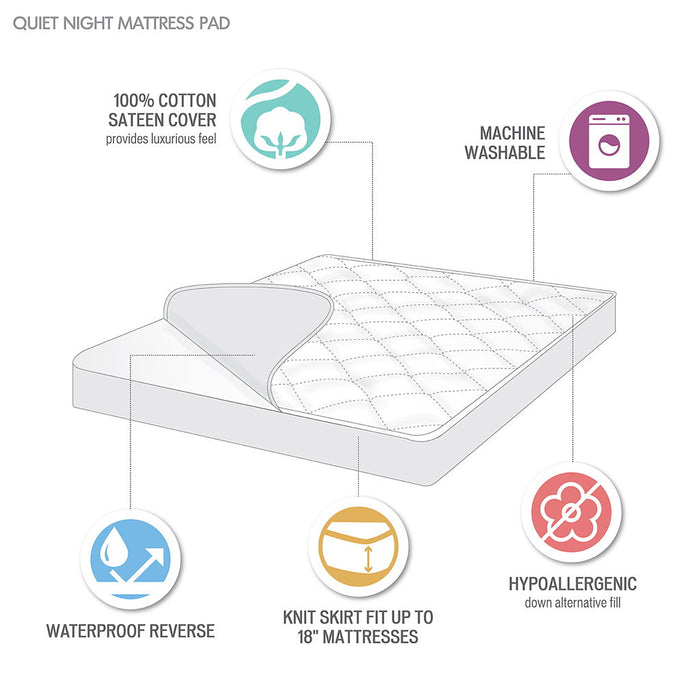 Quiet Nights - Queen Waterproof Diamond Quilting Down Alternative Mattress Pad - White - Simple Home Plus