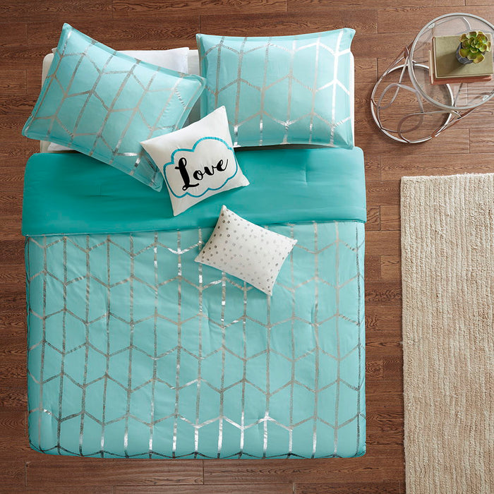 Raina - Metallic Printed Comforter Set - Aqua / Silver - Simple Home Plus