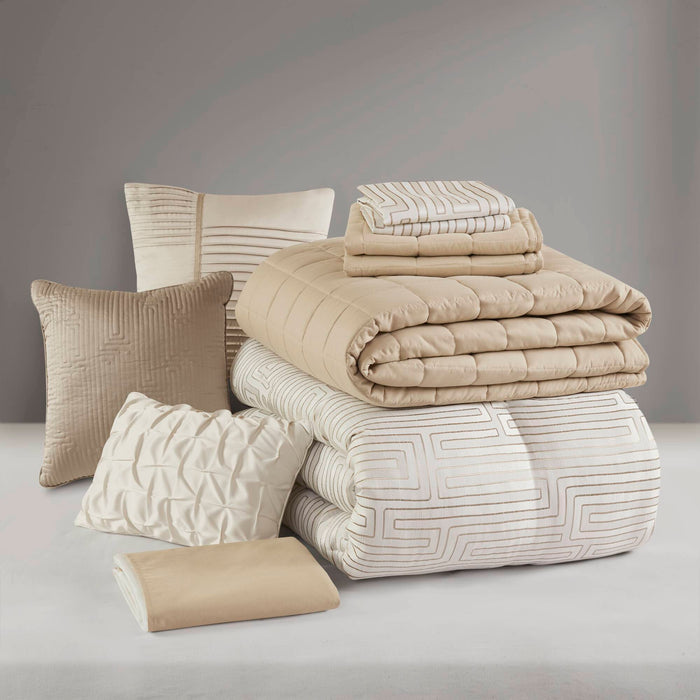 Royce - 10 Piece California King Luxury Comforter Set - Ivory - Simple Home Plus