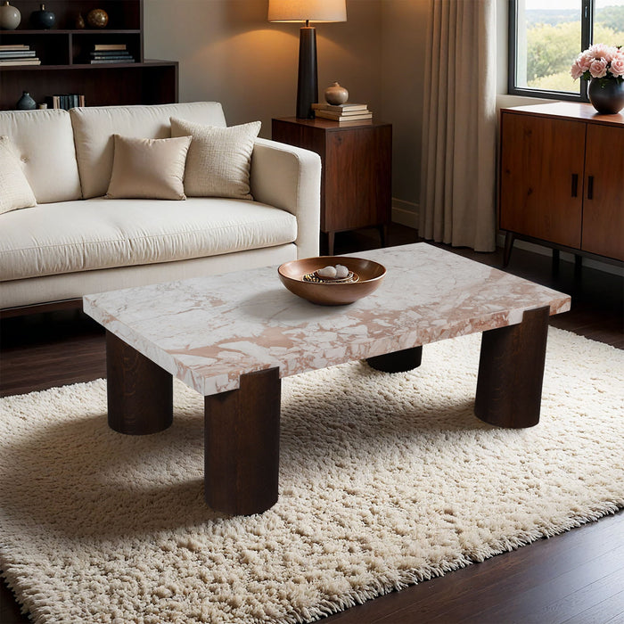 Campania - Marble And Oak Wood Coffee Table - Cream - Simple Home Plus
