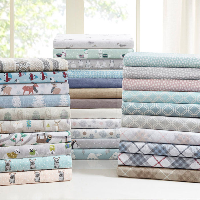 Cozy Flannel - Queen Sheet Set - Tan / Blue Snowflakes - Simple Home Plus