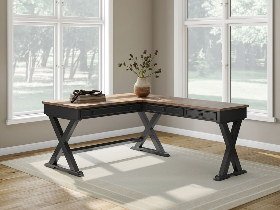 Wildenauer - Brown / Black - 4 Pc. - Home Office Desk And Return, Swivel Desk Chair, Bookcase - Simple Home Plus