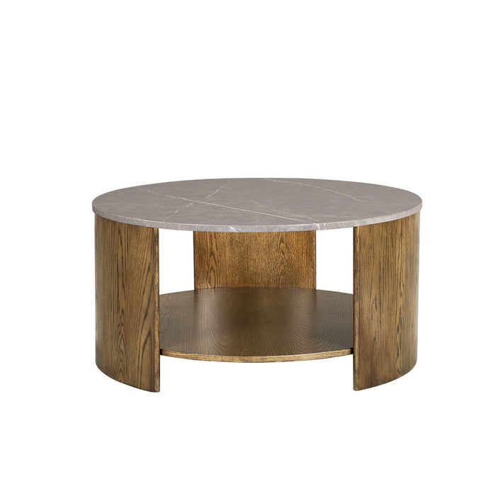 Keegan - Round Mixed Material Coffee Table With Shelf - Oak / Marble - Simple Home Plus