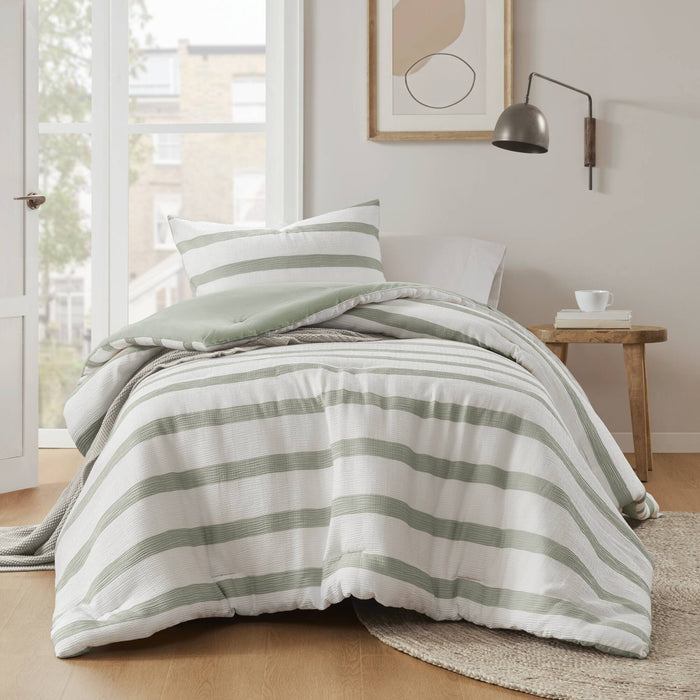Merritt - Twin/Twin Long Yarn-Dyed Striped Comforter - Sage Green