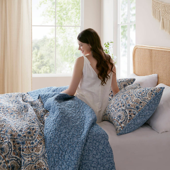 Valerie - Twin Boho Floral Reversible Quilt - Blue - Simple Home Plus