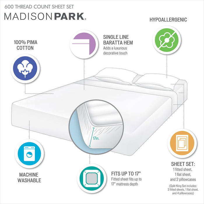 600 Thread Count - California King Sheet Set - White - Simple Home Plus