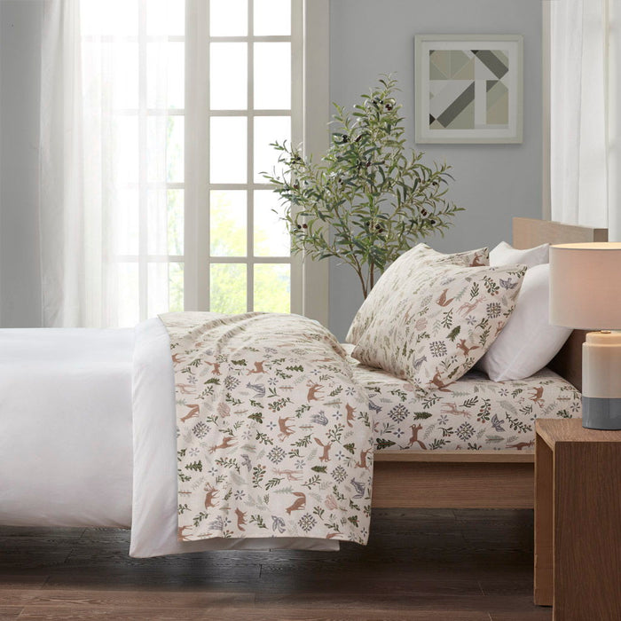 Cozy Flannel - 4 Piece King Printed Sheet Set - Tan land Winter