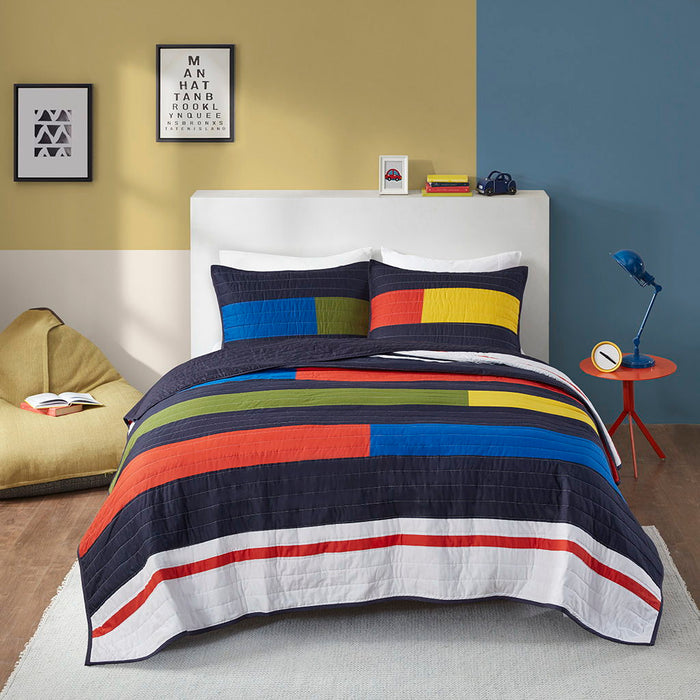 Morris - Twin Stripe Printed Quilt Set - Multi - Simple Home Plus