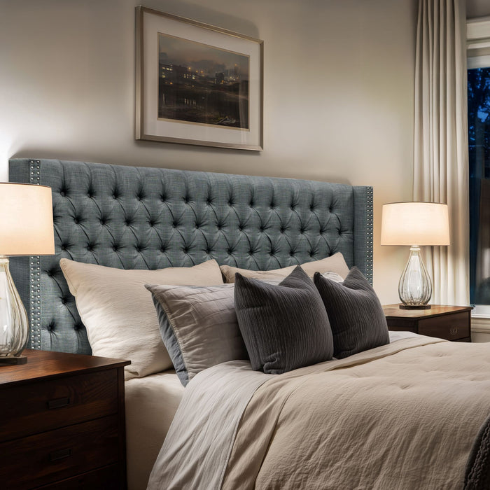 Amelia - King Upholstered Wingback Headboard With Button Tufting & Nailhead Trim Woven - Dark Gray - Simple Home Plus