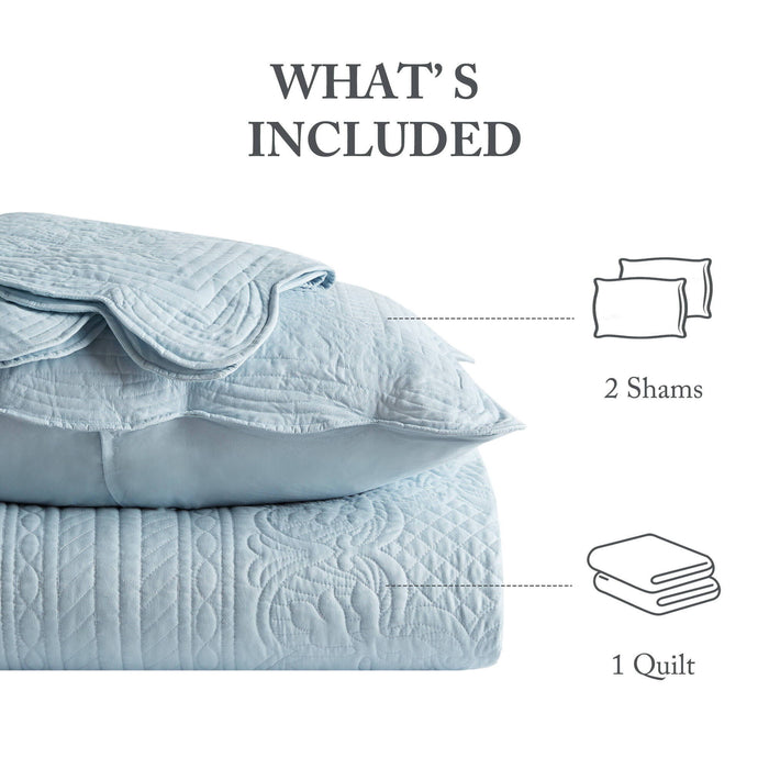 Tuscany - 3 Piece King Reversible Scalloped Edge Quilt Set - Blue - Simple Home Plus