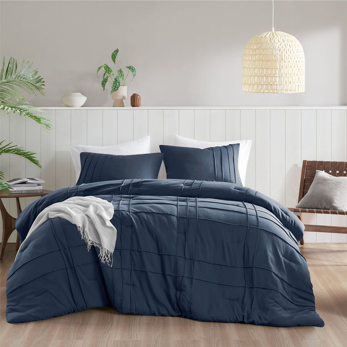 Porter - Twin/Twin Long Soft Washed Pleated Comforter Set - Navy - Simple Home Plus