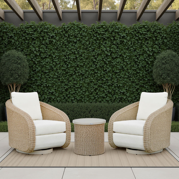 Pavilion - 3-Piece Outdoor Conversation Set (Swivel Club Chairs & End Table) - White / Natural - Simple Home Plus
