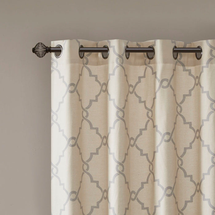 Saratoga - 95" Fretwork Print Grommet Top Window Curtain - Beige