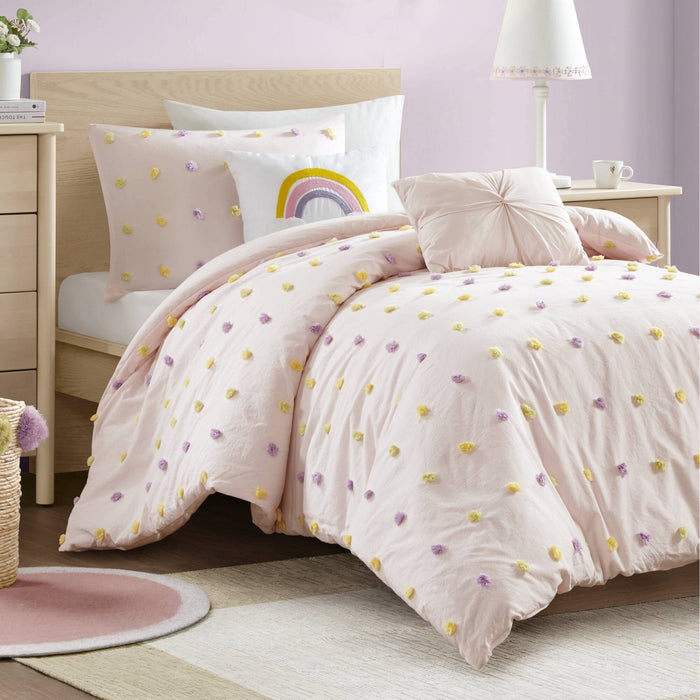 Callie - 4 Piece Twin/Twin Long Pom Pom Comforter Set - Pink Multi - Simple Home Plus