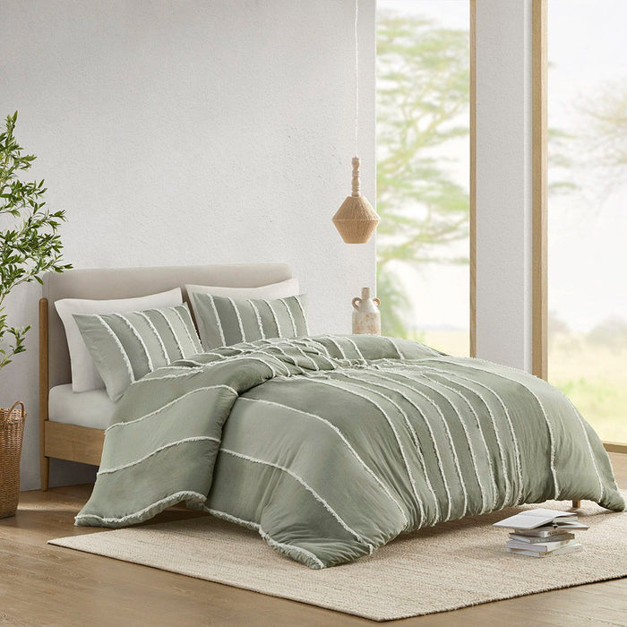 Shay - 3 Piece Striped Cotton Duvet Cover Set - Sage - Simple Home Plus