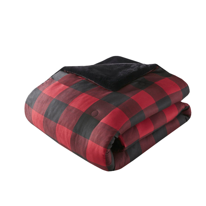Bernston - Faux Wool to Faux Fur Down Alternative Comforter Set - Red Buffalo Check - Simple Home Plus