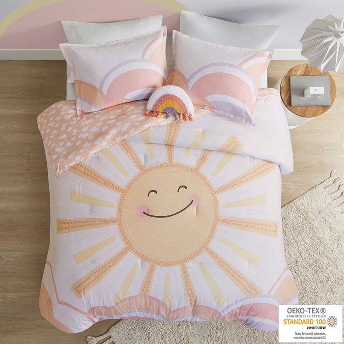 Dawn - Sunshine Printed Reversible Comforter Set - Yellow / Coral - Simple Home Plus