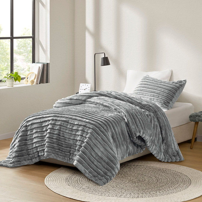Avril - Twin/Twin Long Fluffy Ribbed Plush Comforter Set - Gray - Simple Home Plus