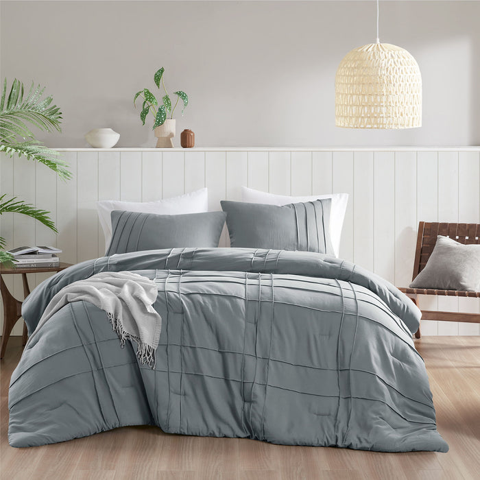 Porter - Full Soft Washed Pleated Comforter Set - Blue/Gray - Simple Home Plus