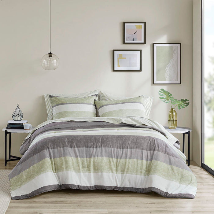 Jaxon - 7 Piece California King Stripe Comforter Set With Bed Sheets - Green/Gray - Simple Home Plus