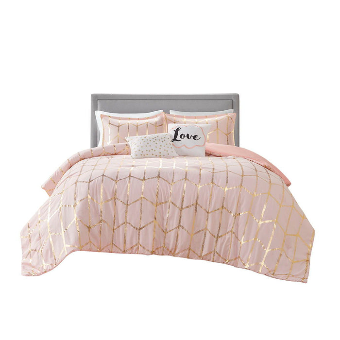 Raina - Metallic Printed Comforter Set - Blush / Gold - Simple Home Plus