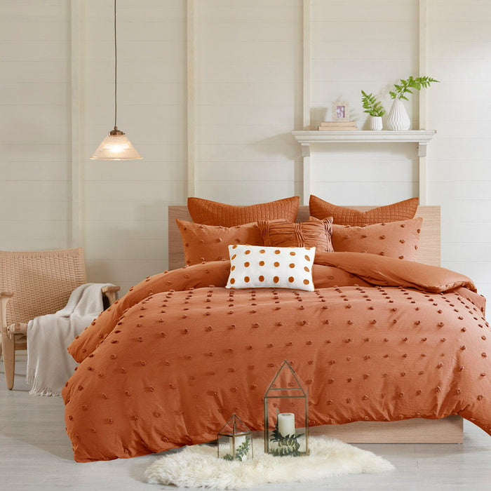 Brooklyn - Cotton Jacquard Queen Duvet Cover Set With Euro Shams and Throw Pillows - Rust - Simple Home Plus