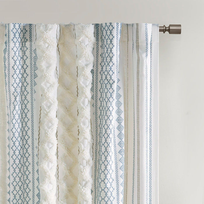 Imani - Cotton Printed Curtain Panel With Chenille Stripe and Lining - White / Navy - Simple Home Plus