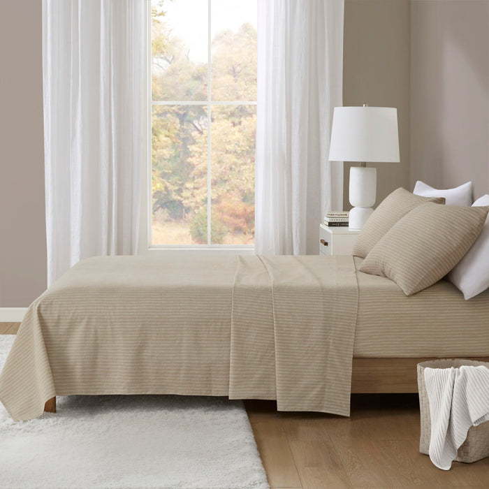 Cozy Cotton Flannel - Full Printed Sheet Set - Beige/White Stripes