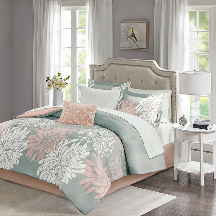 Maible - California King Complete Comforter And Sheet Set - Blush / Gray - Simple Home Plus