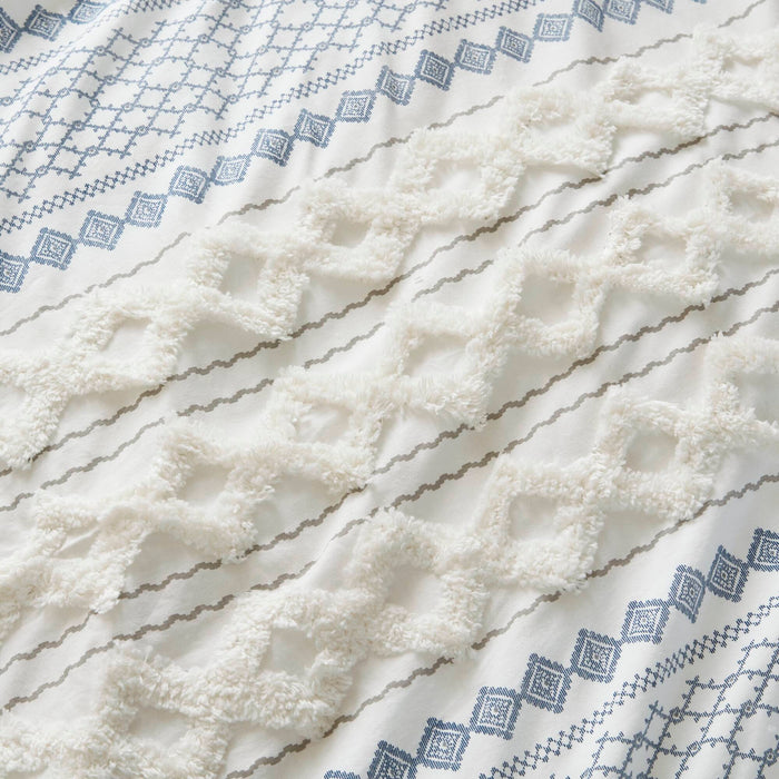 Imani - Cotton Printed Duvet Cover Set With Chenille - White / Navy - Simple Home Plus