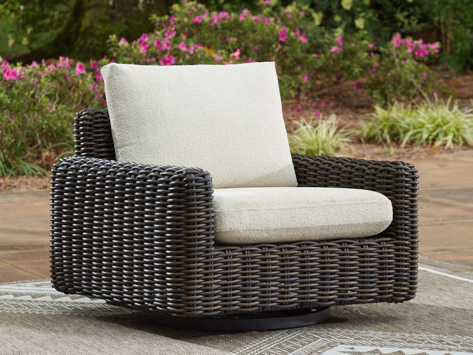 Kimora - 7 Pc. - 4-Piece Outdoor Sectional, Swivel Glider Lounge, Cocktail Table, End Table - Beige / Dark Brown - Simple Home Plus