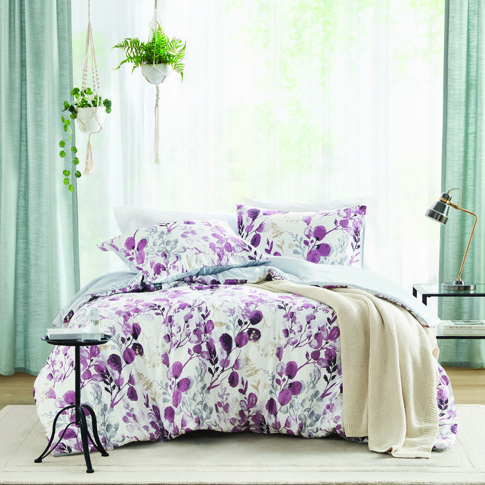 Gabby - Full/Queen Reversible Floral Botanical Seersucker Comforter Set - Plum/Gray - Simple Home Plus