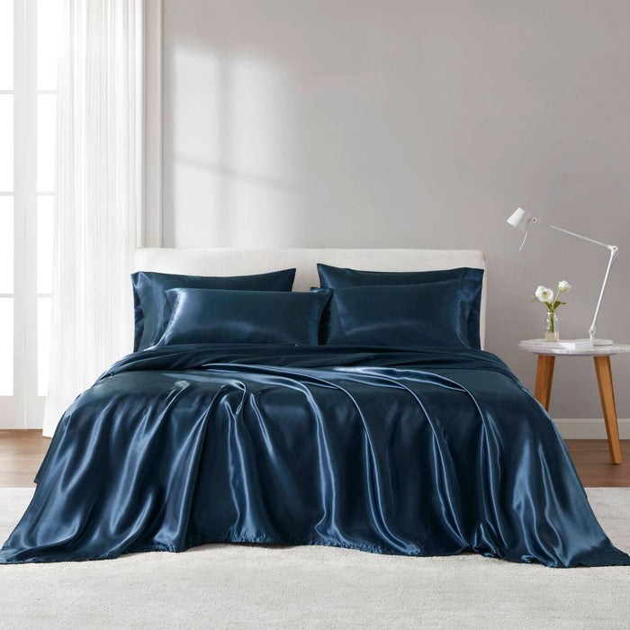 Satin - 6 Piece California King Luxury Sheet Set - Midnight Blue - Simple Home Plus