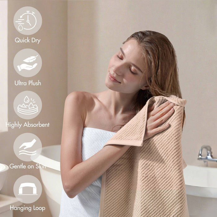 Diagonal Ribbed - 4 Piece Bath Towels Set - Beige - Simple Home Plus