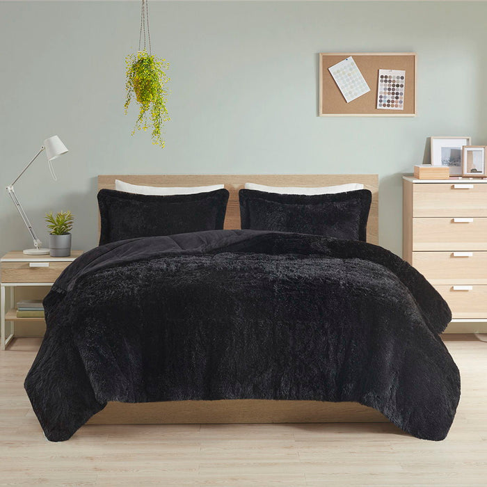 Malea - Shaggy Long Comforter Mini Set - Black - Simple Home Plus