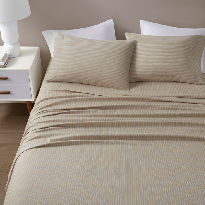 Cozy Cotton Flannel - Full Printed Sheet Set - Beige/White Stripes